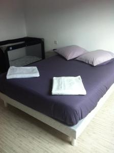 uma cama grande com duas toalhas em cima em 2 chambres doubles, 1chambre 4 lits simples, Salle de bains avec balnéo thérapie em Plaine-Haute