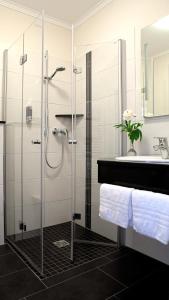 a bathroom with a glass shower and a sink at Landgasthof Eiserner Ritter in Boppard