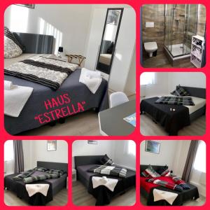 a collage of four pictures of a bedroom at Haus Estrella in Radolfzell am Bodensee