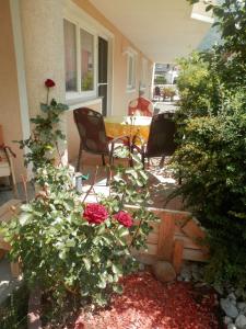 een patio met rozen en een tafel en stoelen bij Haus Aida in Längenfeld