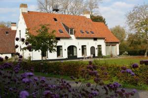 a white house with an orange roof and purple flowers at De Grote Wateringe in Damme