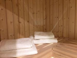 zwei Handtücher sitzen in einer Sauna in der Unterkunft Family & Business Sauna Apartments No 4 Leśny nad Zalewem Cedzyna - 2 Bedroom with Private Sauna, Bath with Hydromassage, Terrace, Parking, Catering Options in Kielce