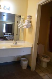 a bathroom with a sink and a toilet and a mirror at Ouachita Mountain Inn in Glenwood