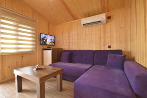 a living room with a purple couch and a table at Marbella Kale Beach in Akçakale