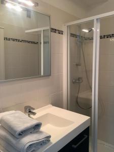 La salle de bains blanche est pourvue d'un lavabo et d'une douche. dans l'établissement Pieds dans l'eau au lac du Bourget, au Bourget-du-Lac