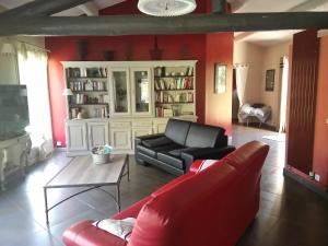a living room with a black couch and a red wall at Domaine des Petits Cancets in L'Isle-sur-la-Sorgue