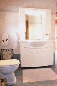 uma casa de banho com um lavatório branco e um WC. em Villa Fotismata - Chalet in the heart of Kalavryta em Kalavrita