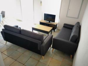 a living room with two couches and a television at La Roseraie à 10min du Puy du fou in Saint-Mars-la-Réorthe
