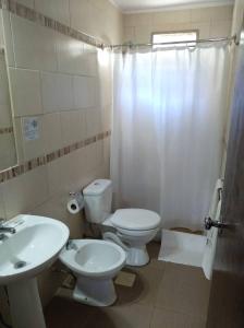 a bathroom with a toilet and a sink at Hotel Mirador del Dayman in Termas del Daymán