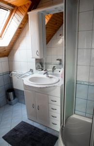 un bagno con lavandino e doccia di Berger Pince-vendégház, Hajósi pincék a Hajósi Pincék