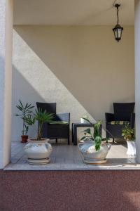 a patio with two white bowls and potted plants at Apartmani Maraton in Vukovar