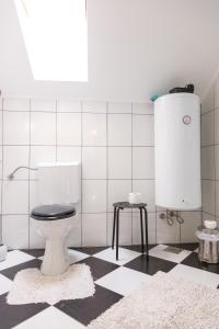 武科瓦爾的住宿－Apartmani Maraton，一间带卫生间的浴室,铺有黑白地板。