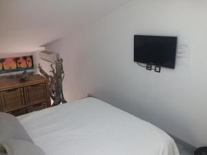 スーストンにあるLoft Zenのベッドルーム1室(ベッド1台、壁掛け薄型テレビ付)