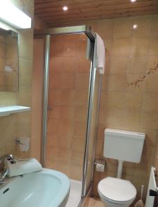 ブリクセン・イム・ターレにあるPension Rosenhofのバスルーム(シャワー、トイレ、シンク付)
