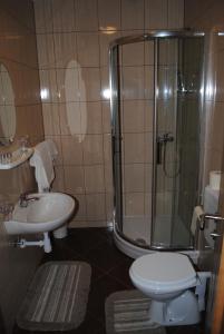 a bathroom with a shower and a toilet and a sink at Hotel Gacka in Otočac