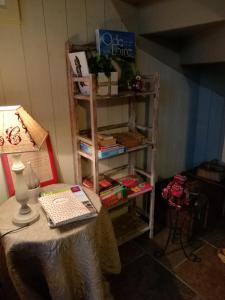ein Zimmer mit einem Tisch mit einer Lampe und einem Bücherregal in der Unterkunft aux coeurs de l'atelier in Menars