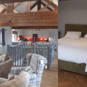2 imágenes de un dormitorio con cama y cocina en Nellies Shed, Wolds Way Holiday Cottages, 3 bed spacious cottage, en Cottingham