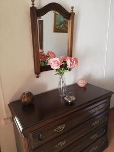 um vaso de flores numa cómoda com um espelho em Monte da Cruz 18 em Évora Monte