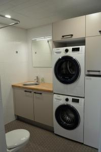 een keuken met een wasmachine en een wastafel bij Tammiston Apartments in Naantali