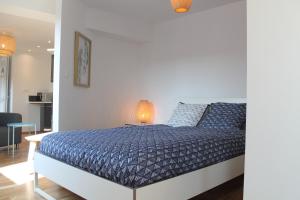 een slaapkamer met een bed met een blauw dekbed bij Résidence MILA in Valenciennes
