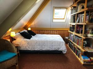 a bedroom with a bed and a book shelf at B&B Zandhuizen in Zandhuizen