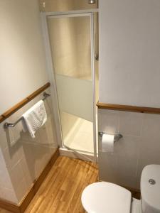 een badkamer met een douche en een toilet bij The Crown Hotel in Lynton