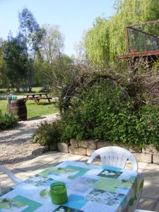 una mesa y sillas en un parque con una mesa en Gites Mirathon, en Baleyssagues