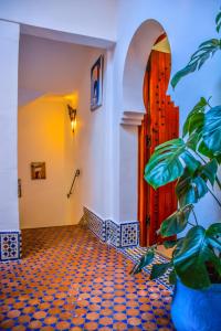 een hal met een deur en een potplant bij Riad Dari in Tetouan