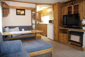 a living room with a couch and a tv in a caravan at Noclegi u Jagny in Zator