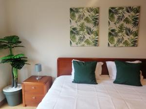 um quarto com uma cama com almofadas verdes e uma planta em Lemon Tree Apartment em Vila do Conde