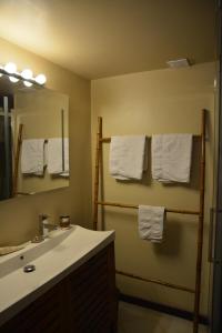 La salle de bains est pourvue d'un lavabo, d'un miroir et de serviettes. dans l'établissement T3 Duplex Meublé Lagon Réunion, à La Saline les Bains