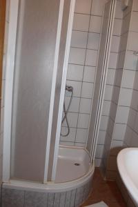 eine weiße Dusche im Bad mit Waschbecken in der Unterkunft Prenoćište "Magnus" in Slavonski Brod