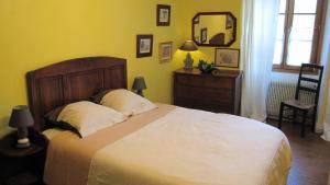 a bedroom with a large bed and a mirror at Chateau Cottage in Carlux +19 photos