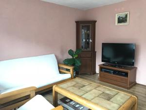 a living room with a couch and a flat screen tv at Nature Apartments in Nejdek