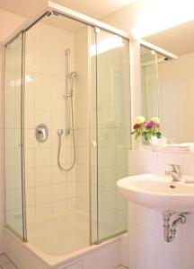La salle de bains est pourvue d'une douche et d'un lavabo. dans l'établissement Hotel zum Scheppen Eck, à Wiesbaden