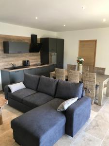 ein Wohnzimmer mit Couch und Küche in der Unterkunft Charmante maison de village *** in Santa-Maria-Figaniella