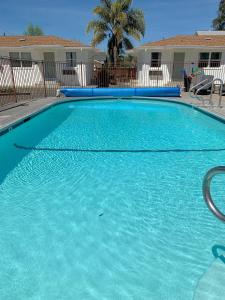 a swimming pool with blue water in front of a house at Carlin's Cottage Court in Calistoga