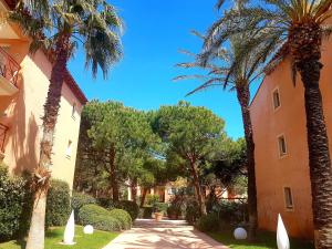 een straat met palmbomen en een gebouw bij Ecrins de la Badine- pinède in Hyères