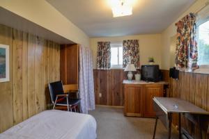1 dormitorio con 1 cama, escritorio y TV en Oakwood Motel en Gravenhurst