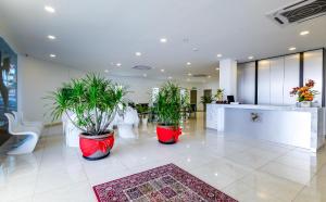 a lobby with potted plants and a reception desk at Fumah Hotel Kepong in Kuala Lumpur