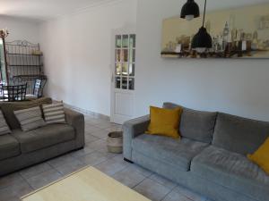 sala de estar con 2 sofás y almohadas amarillas en Le Clos Gentiane en Saint-Étienne