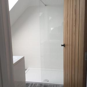 W łazience znajduje się prysznic ze szklanymi drzwiami. w obiekcie Idyllic Studio Flat w mieście Winchester