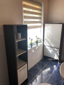 a bathroom with a shower and a sink and a mirror at Bungalow am Dobbertiner See in Dobbertin