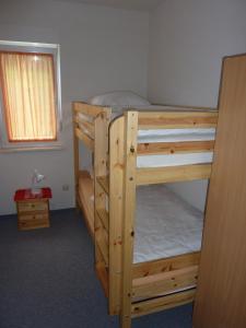 sypialnia z 2 łóżkami piętrowymi i oknem w obiekcie Ferienhof Zum Kammergut- Ferienhaus- Ferienwohnung w mieście Zeulenroda-Triebes