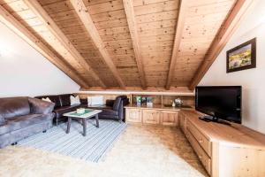ein Wohnzimmer mit Ledermöbeln und einem Flachbild-TV in der Unterkunft Appartement Haidacher in Innichen
