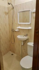 a bathroom with a shower and a toilet and a sink at HOTEL BEACH CLUB LEGZIRA in Sidi Ifni