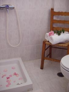 a bathroom with a shower and a toilet and a tub at Elpidas Holiday House in Kardamili