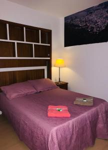 a bedroom with a purple bed with a purple blanket at 4 bedroom at the beach in Rio de Janeiro