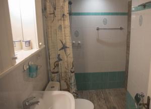 uma casa de banho com um chuveiro, um WC e um lavatório. em Elena's House em Artemida