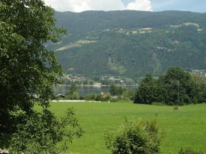 a field of green grass with a lake and mountains at Pension Strauß in Ossiach